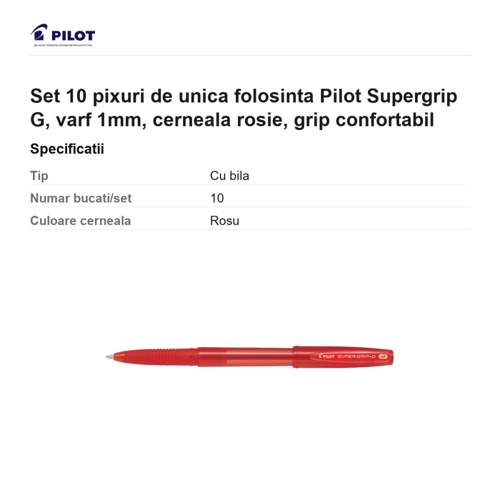 Set 10 pixuri de unica folosinta Pilot Supergrip G, varf 1mm, cerneala rosie, grip confortabil [3]