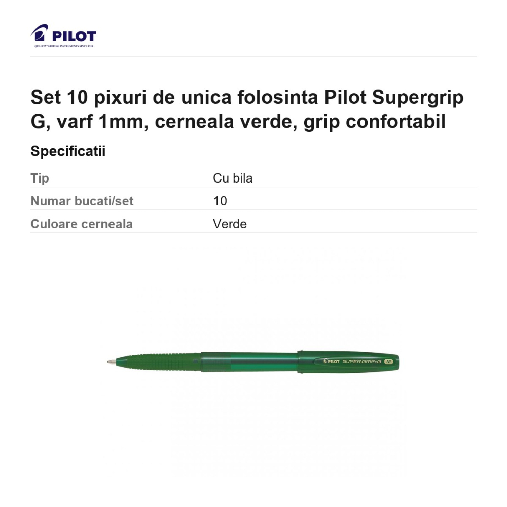 Set 10 pixuri de unica folosinta Pilot Supergrip G, varf 1mm, cerneala verde, grip confortabil [3]