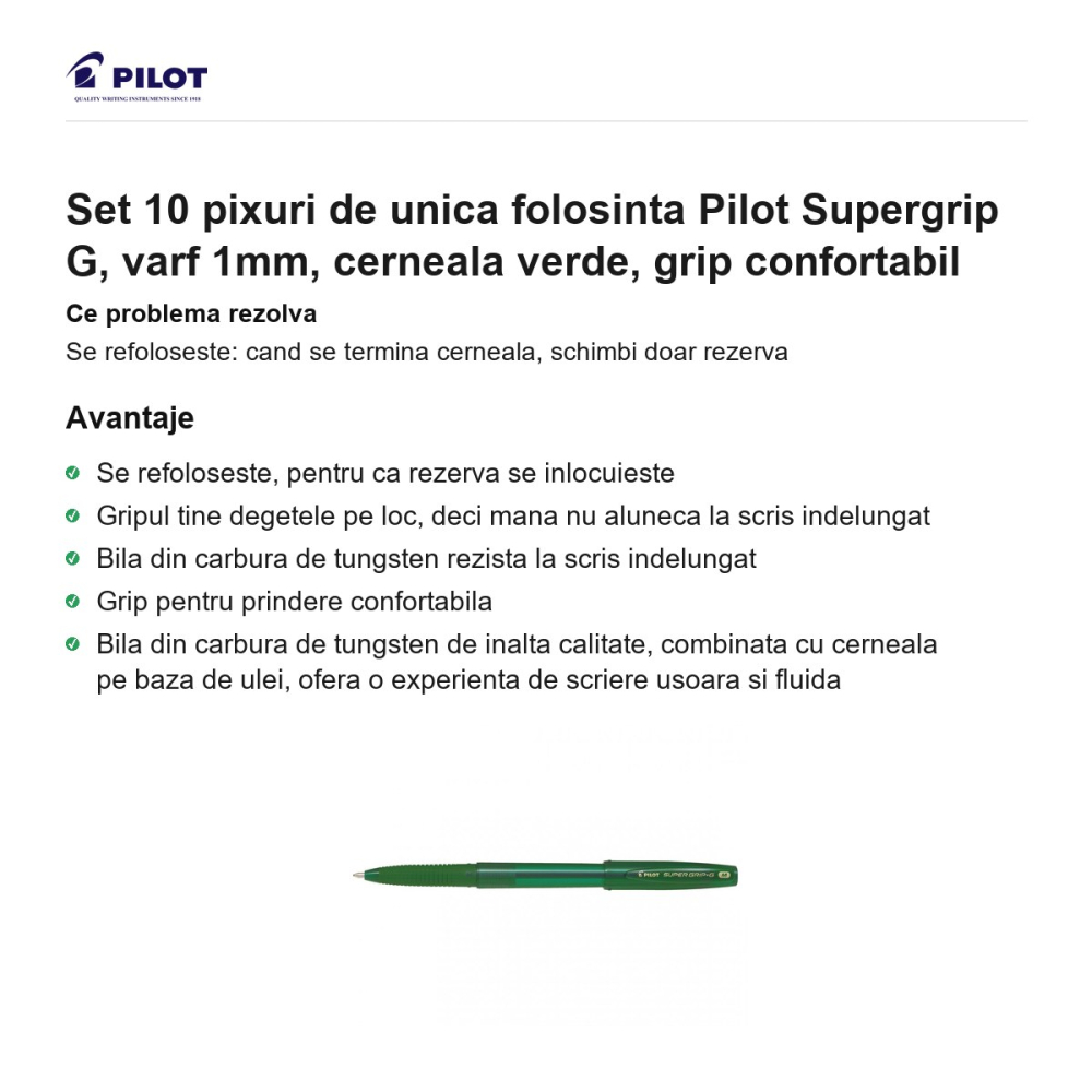 Set 10 pixuri de unica folosinta Pilot Supergrip G, varf 1mm, cerneala verde, grip confortabil [2]