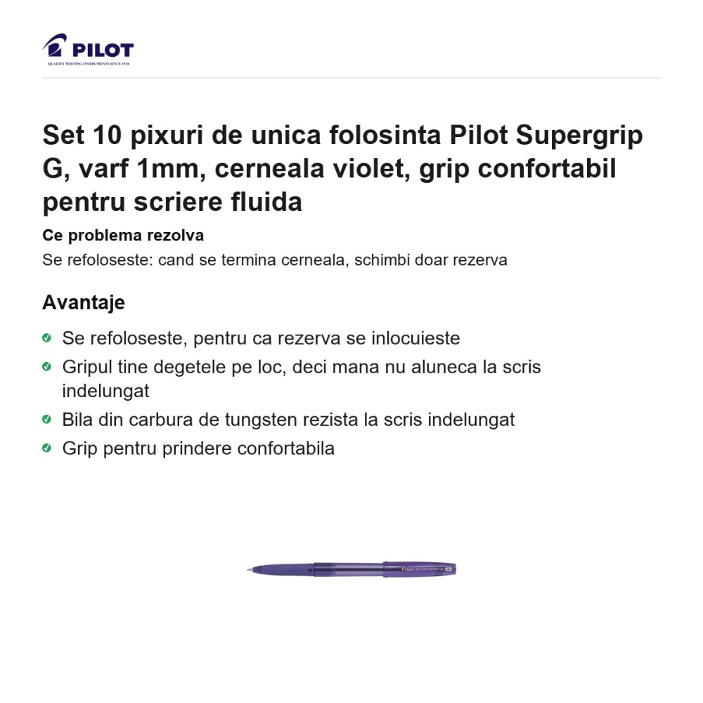 Set 10 pixuri de unica folosinta Pilot Supergrip G, varf 1mm, cerneala violet, grip confortabil pentru scriere fluida [2]
