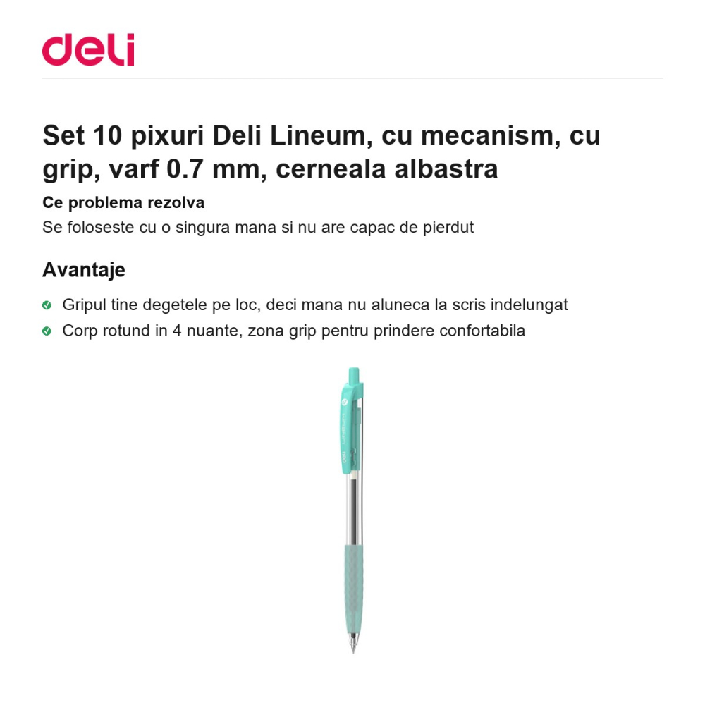 Set 10 pixuri Deli Lineum, cu mecanism, cu grip, varf 0.7 mm, cerneala albastra [2]