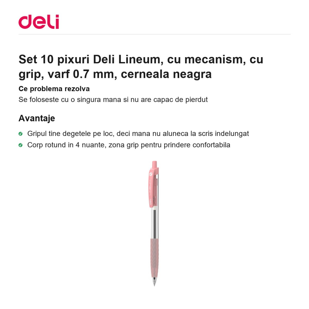 Set 10 pixuri Deli Lineum, cu mecanism, cu grip, varf 0.7 mm, cerneala neagra [2]