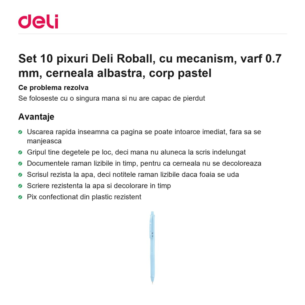 Set 10 pixuri Deli Roball, cu mecanism, varf 0.7 mm, cerneala albastra, corp pastel [2]