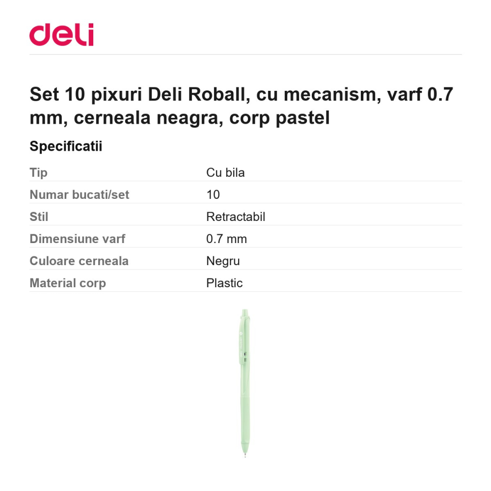 Set 10 pixuri Deli Roball, cu mecanism, varf 0.7 mm, cerneala neagra, corp pastel [3]
