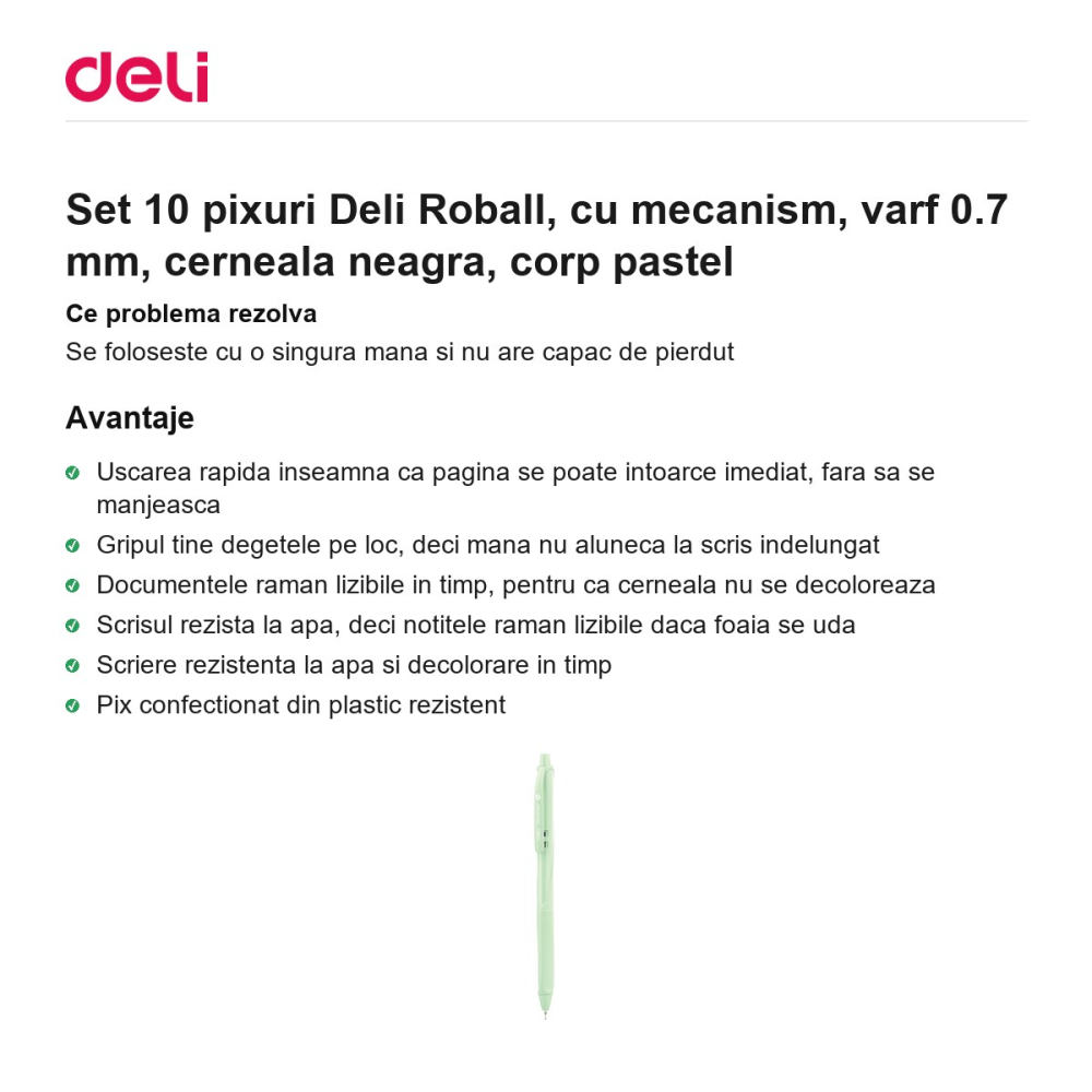 Set 10 pixuri Deli Roball, cu mecanism, varf 0.7 mm, cerneala neagra, corp pastel [2]