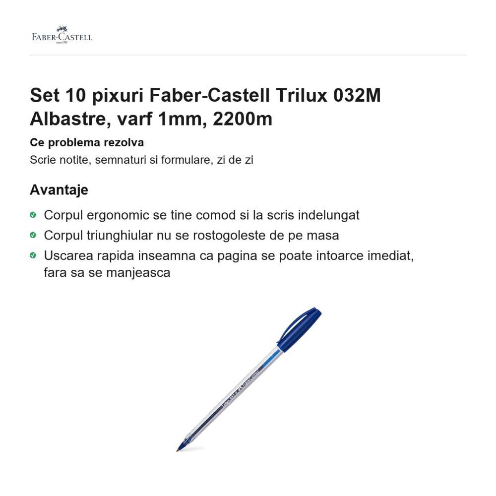 Set 10 pixuri Faber-Castell Trilux 032M Albastre, varf 1mm, 2200m [2]
