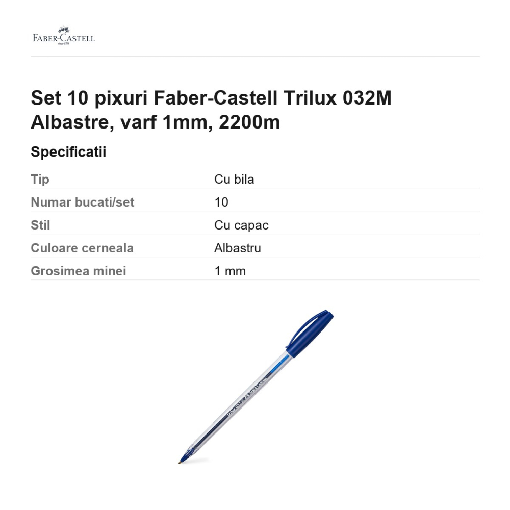 Set 10 pixuri Faber-Castell Trilux 032M Albastre, varf 1mm, 2200m [3]