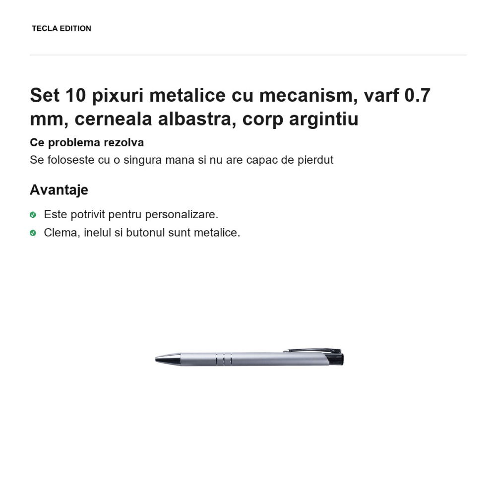 Set 10 pixuri metalice cu mecanism, varf 0.7 mm, cerneala albastra, corp argintiu [2]