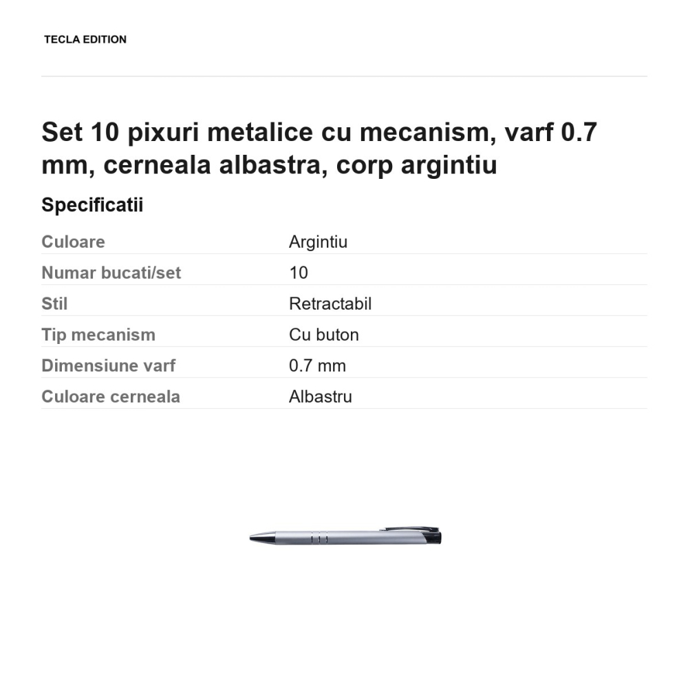 Set 10 pixuri metalice cu mecanism, varf 0.7 mm, cerneala albastra, corp argintiu [3]