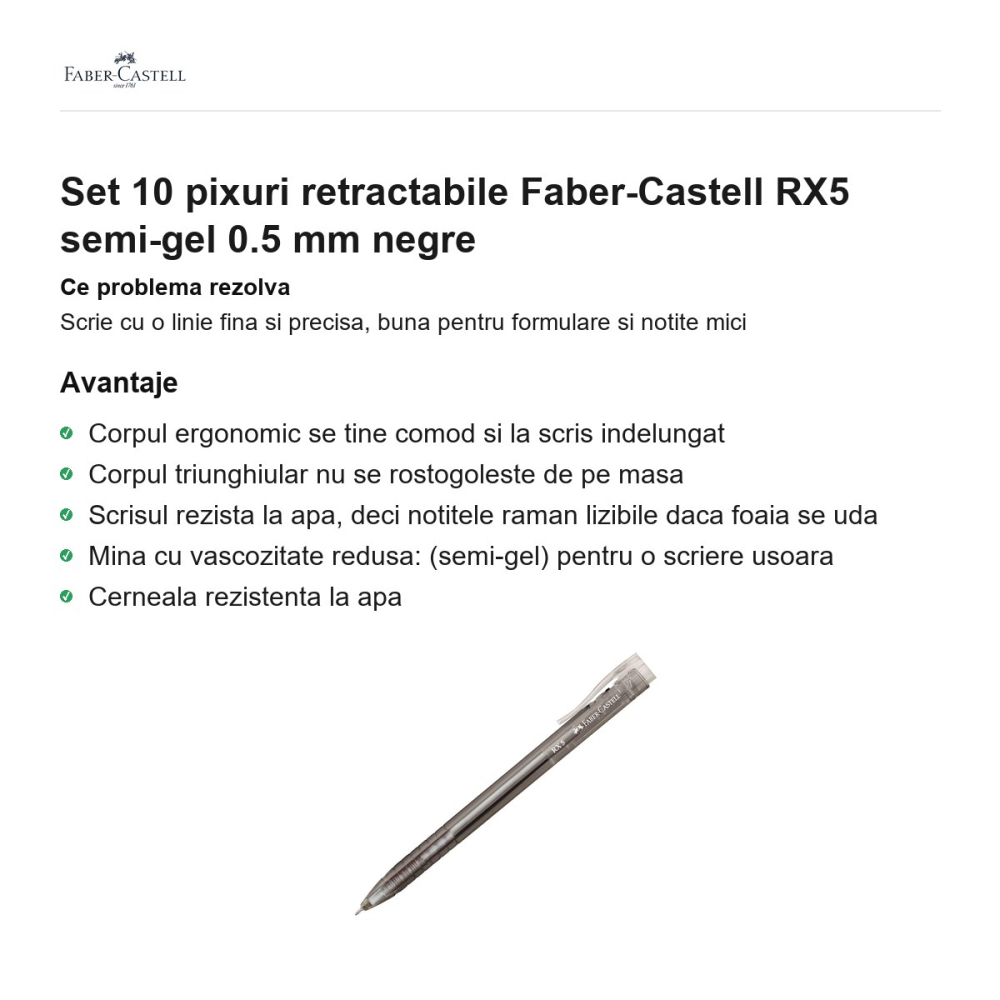 Set 10 pixuri retractabile Faber-Castell RX5 semi-gel 0.5 mm negre [2]