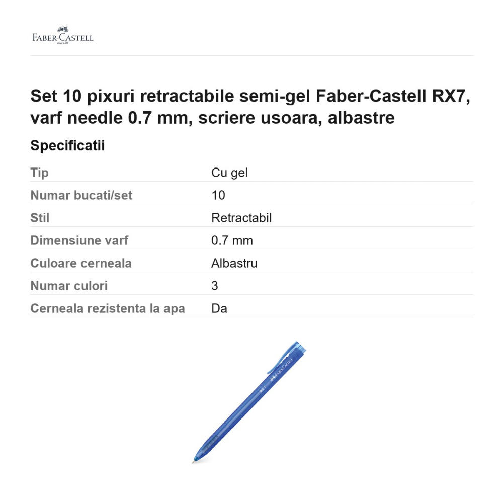 Set 10 pixuri retractabile semi-gel Faber-Castell RX7, varf needle 0.7 mm, scriere usoara, albastre [3]