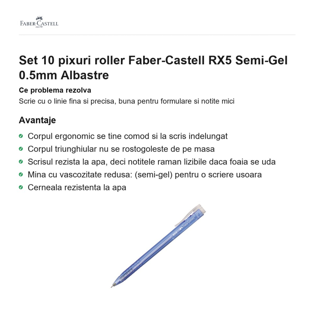 Set 10 pixuri roller Faber-Castell RX5 Semi-Gel 0.5mm Albastre [2]