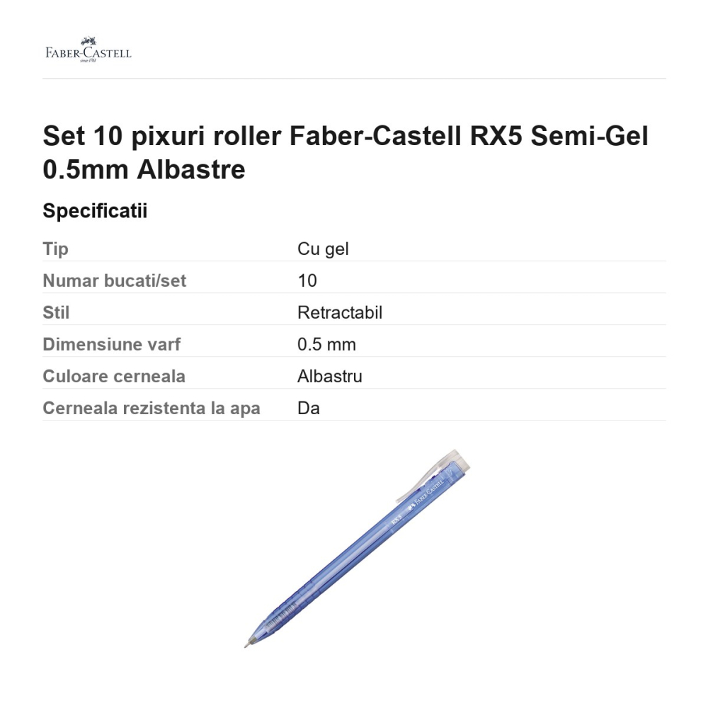Set 10 pixuri roller Faber-Castell RX5 Semi-Gel 0.5mm Albastre [3]