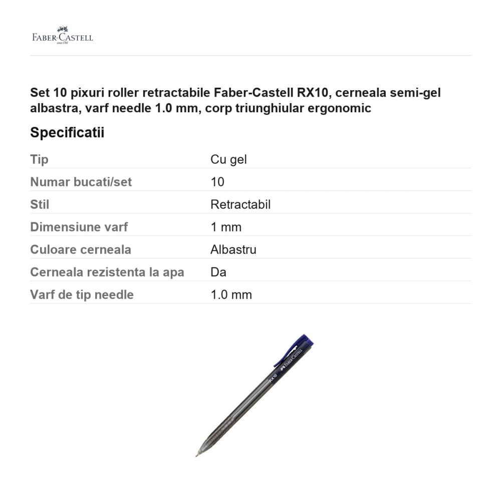 Set 10 pixuri roller retractabile Faber-Castell RX10, cerneala semi-gel albastra, varf needle 1.0 mm, corp triunghiular ergonomic [3]