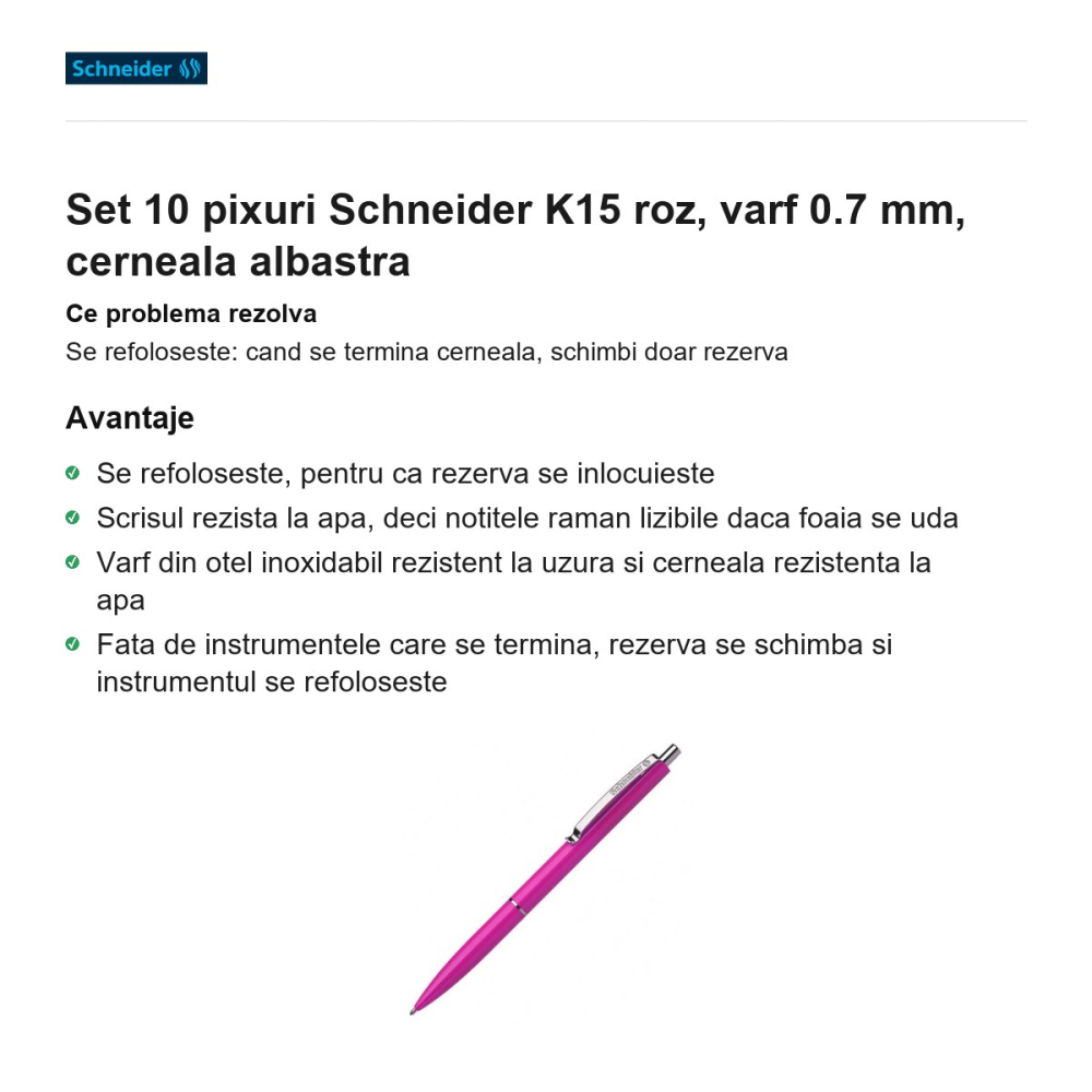 Set 10 pixuri Schneider K15 roz, varf 0.7 mm, cerneala albastra [2]