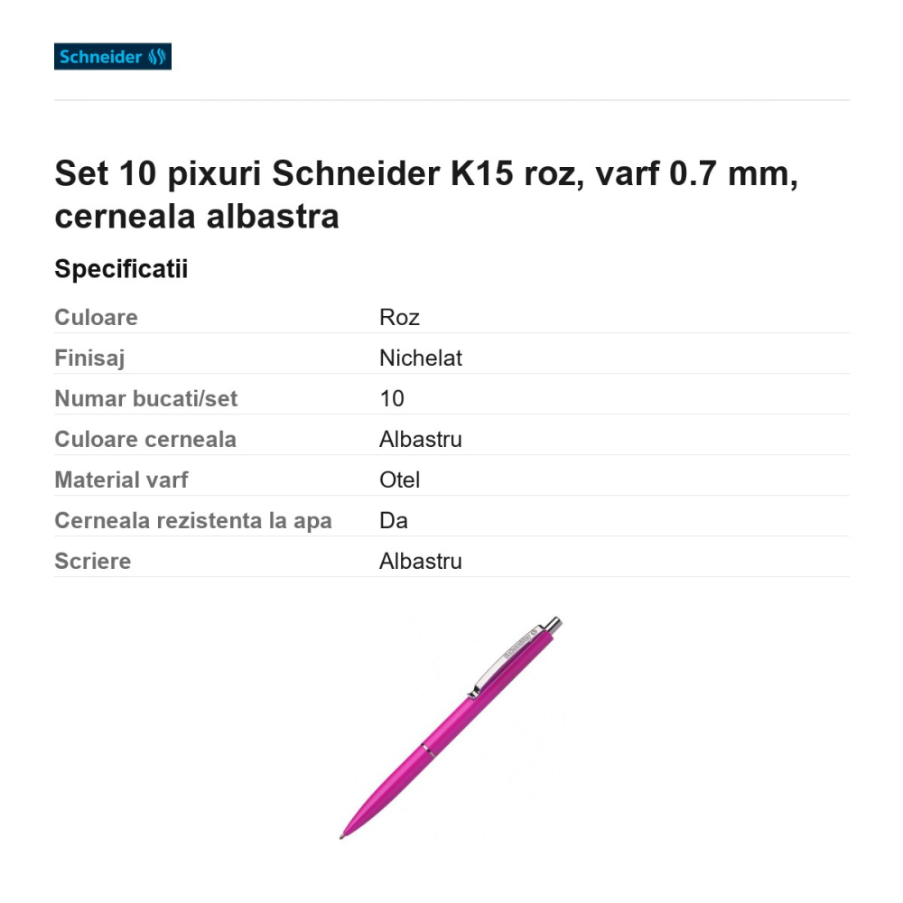 Set 10 pixuri Schneider K15 roz, varf 0.7 mm, cerneala albastra [3]