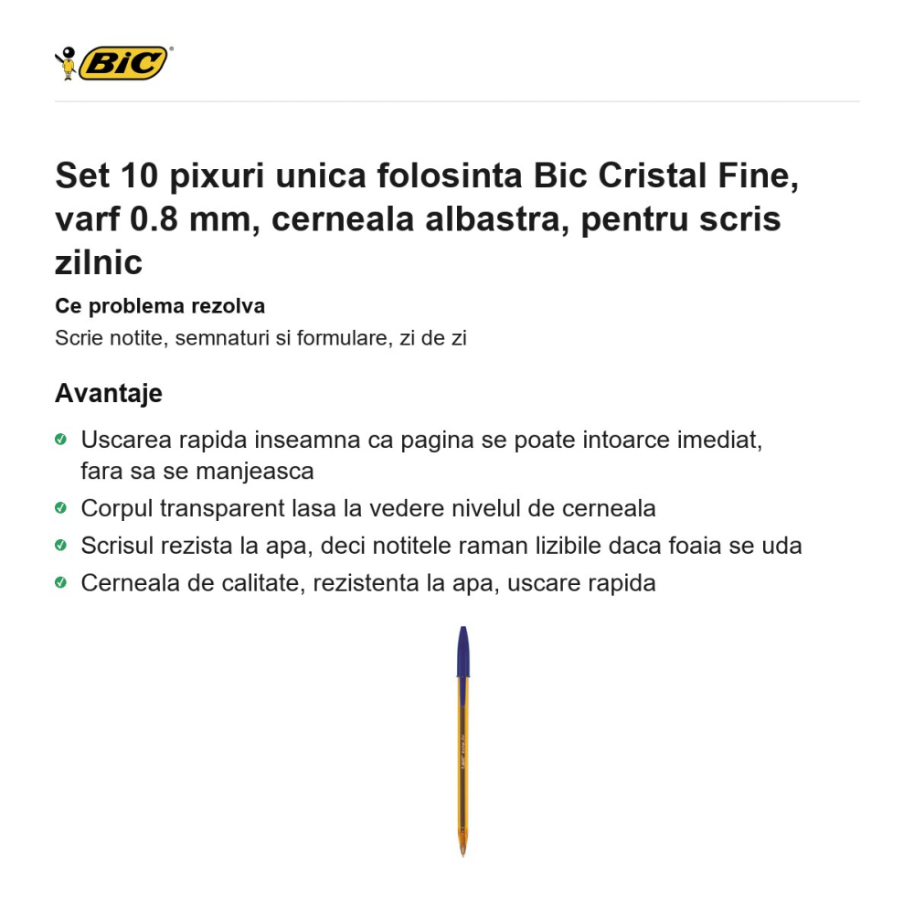 Set 10 pixuri unica folosinta Bic Cristal Fine, varf 0.8 mm, cerneala albastra, pentru scris zilnic [2]