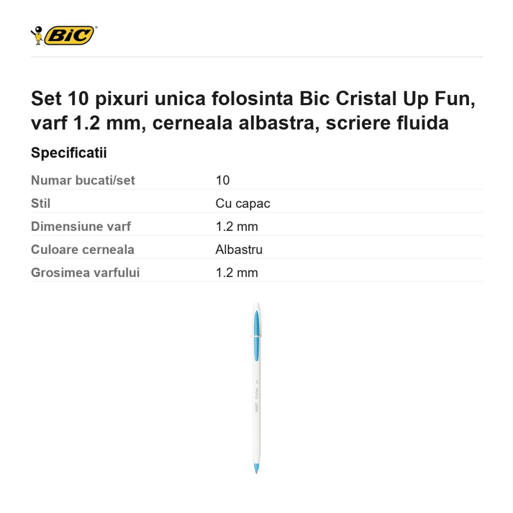 Set 10 pixuri unica folosinta Bic Cristal Up Fun, varf 1.2 mm, cerneala albastra, scriere fluida [3]
