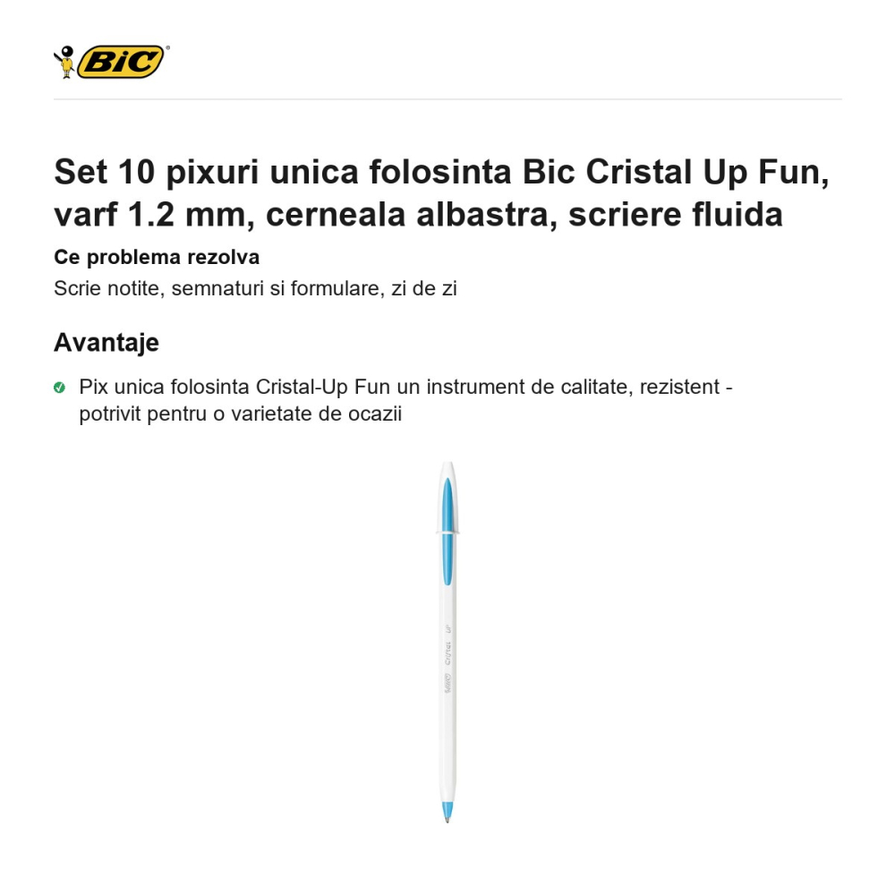 Set 10 pixuri unica folosinta Bic Cristal Up Fun, varf 1.2 mm, cerneala albastra, scriere fluida [2]