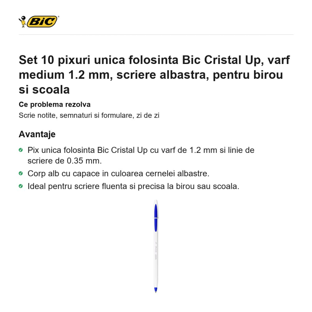 Set 10 pixuri unica folosinta Bic Cristal Up, varf medium 1.2 mm, scriere albastra, pentru birou si scoala [2]