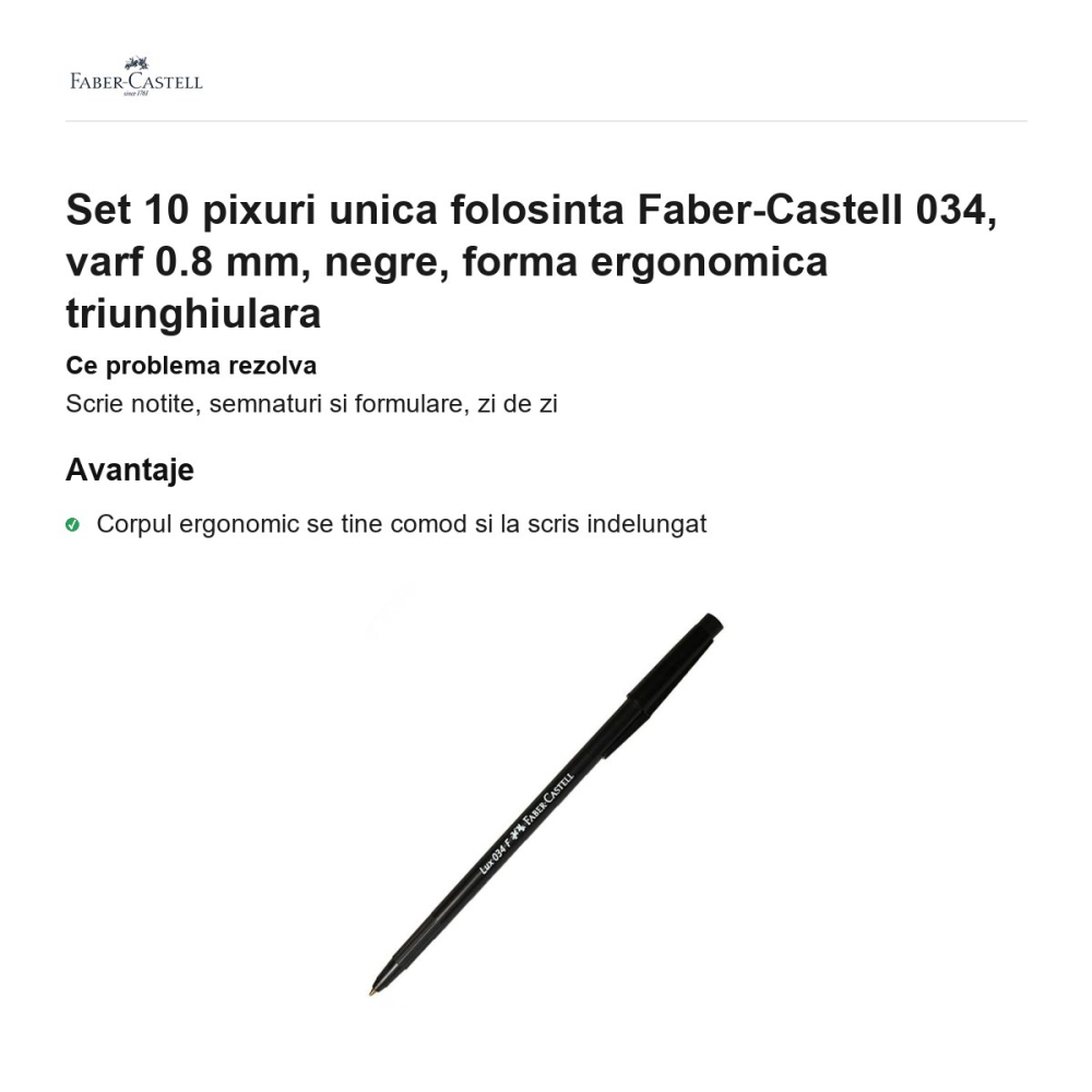 Set 10 pixuri unica folosinta Faber-Castell 034, varf 0.8 mm, negre, forma ergonomica triunghiulara [2]