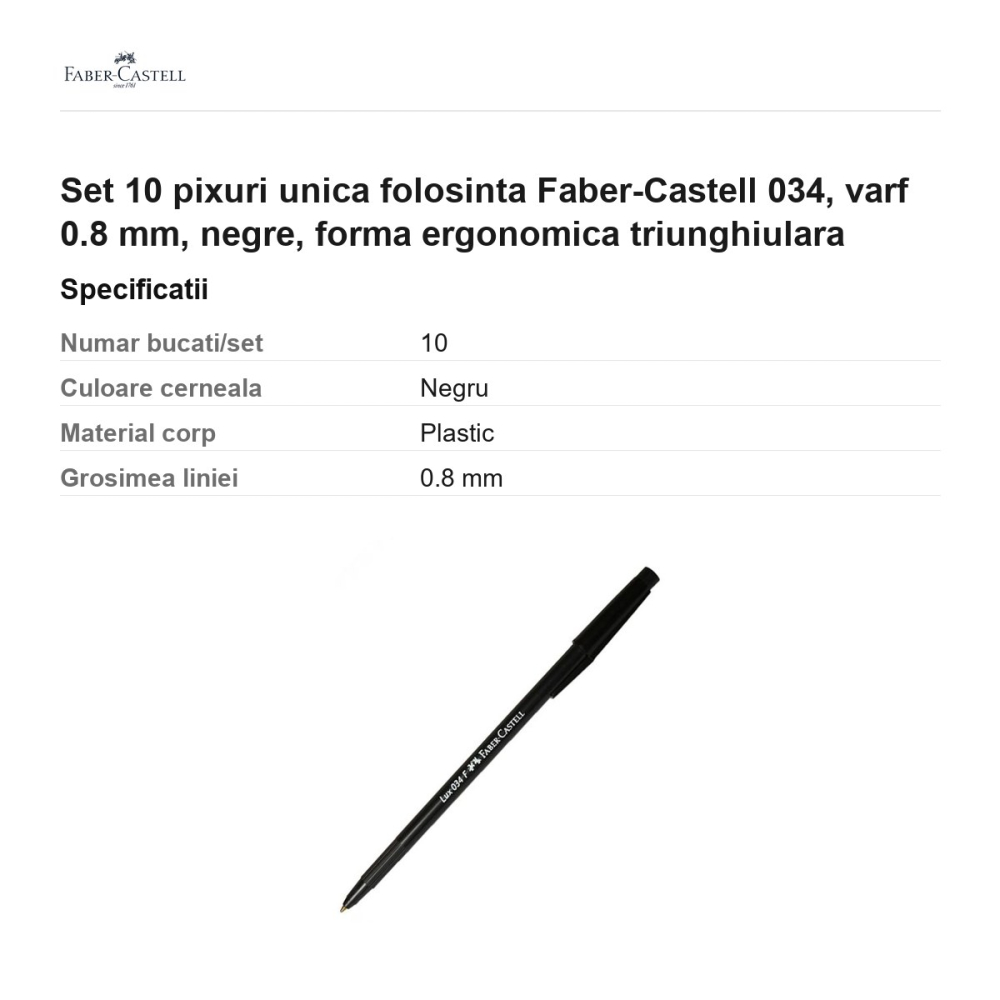 Set 10 pixuri unica folosinta Faber-Castell 034, varf 0.8 mm, negre, forma ergonomica triunghiulara [3]