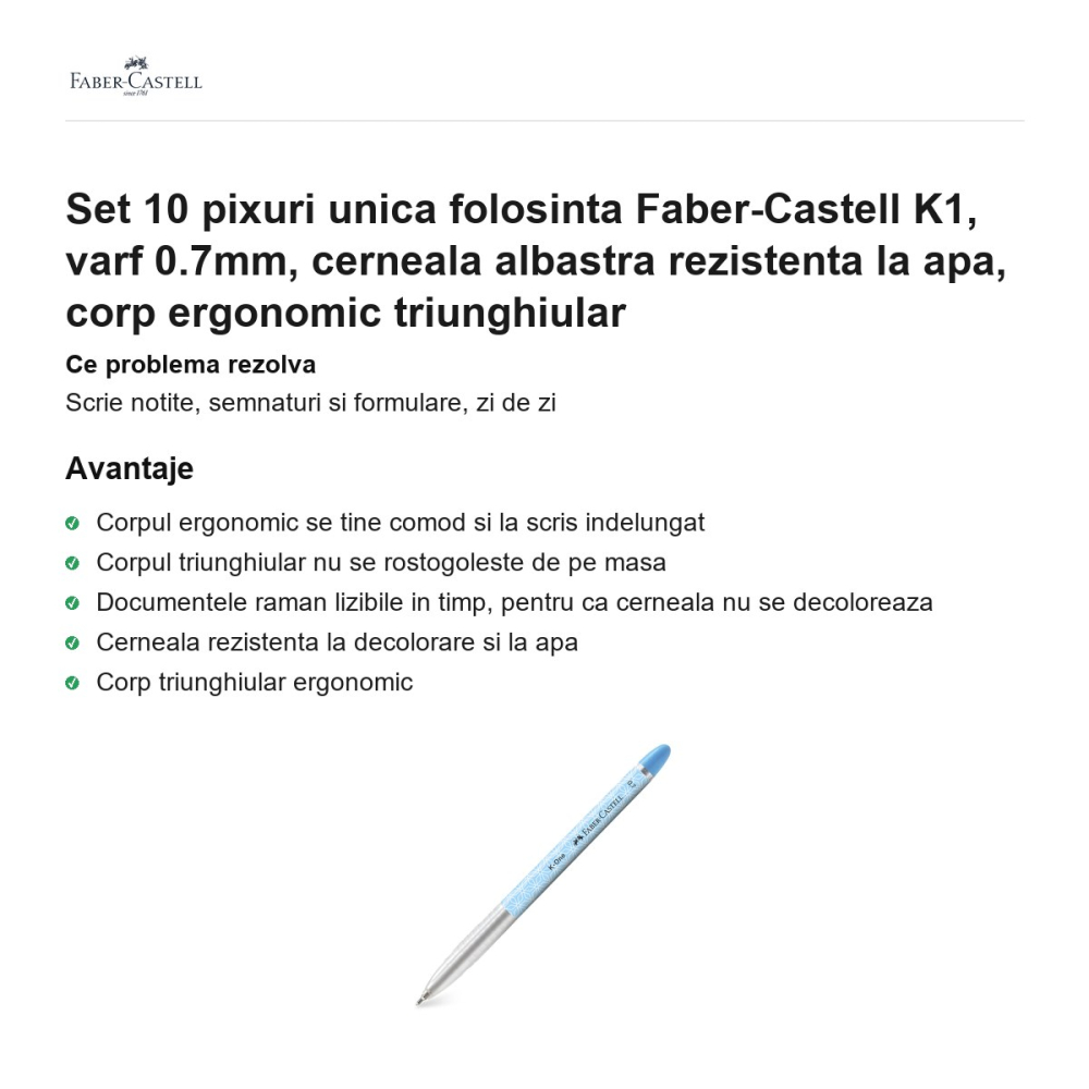 Set 10 pixuri unica folosinta Faber-Castell K1, varf 0.7mm, cerneala albastra rezistenta la apa, corp ergonomic triunghiular [2]