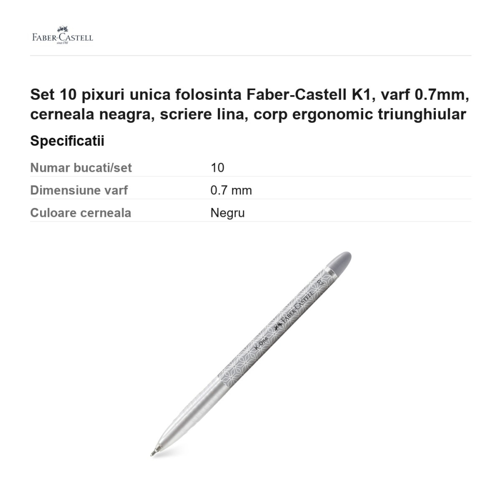 Set 10 pixuri unica folosinta Faber-Castell K1, varf 0.7mm, cerneala neagra, scriere lina, corp ergonomic triunghiular [3]