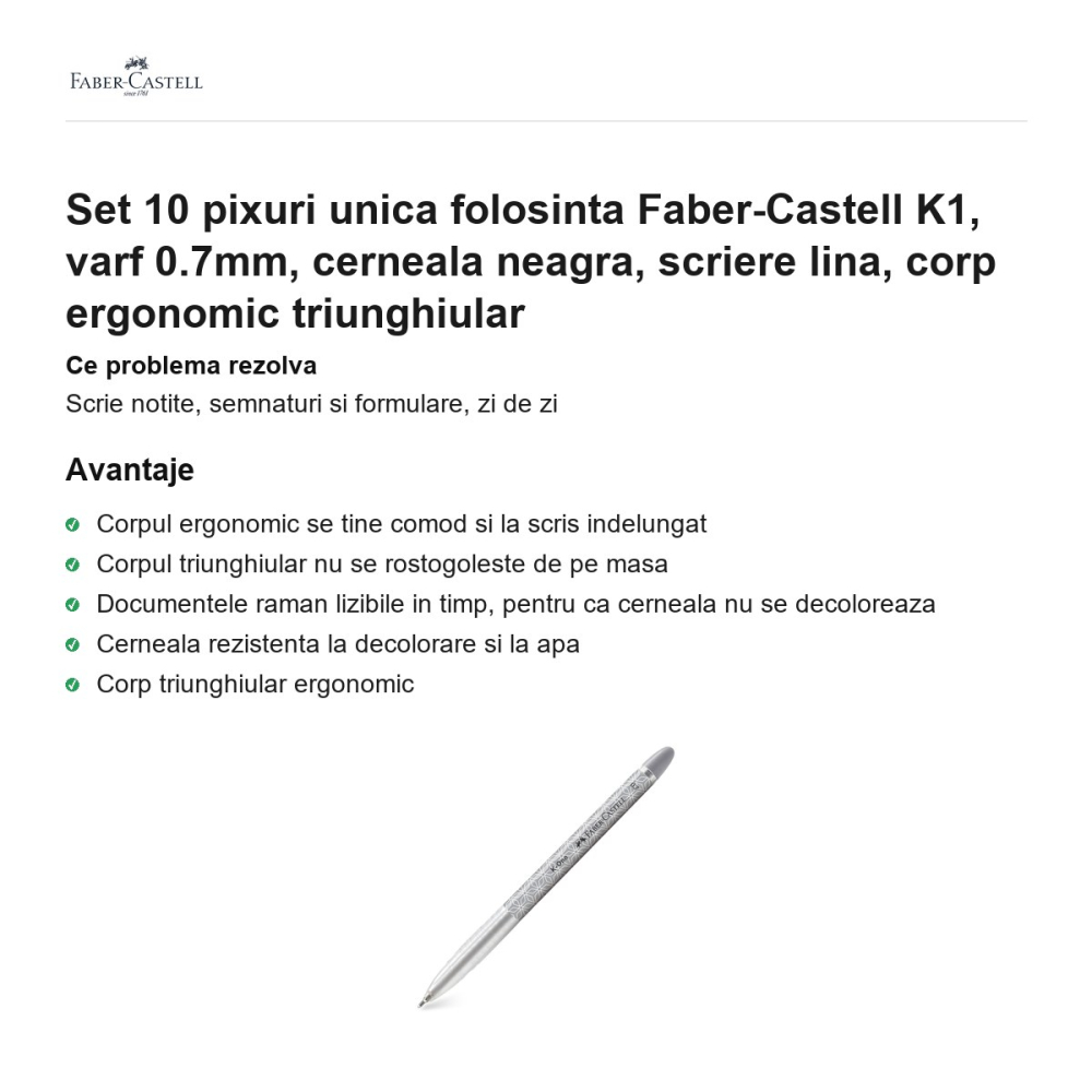 Set 10 pixuri unica folosinta Faber-Castell K1, varf 0.7mm, cerneala neagra, scriere lina, corp ergonomic triunghiular [2]