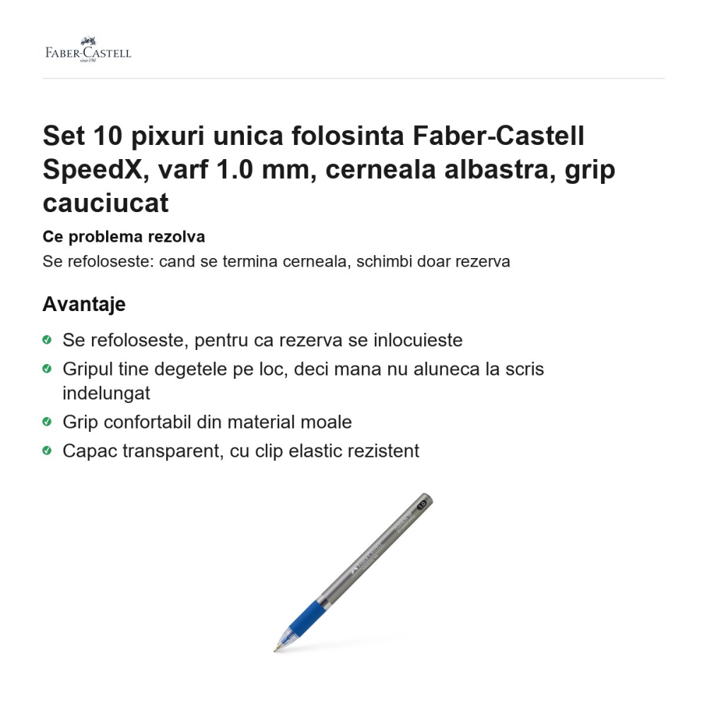 Set 10 pixuri unica folosinta Faber-Castell SpeedX, varf 1.0 mm, cerneala albastra, grip cauciucat [2]