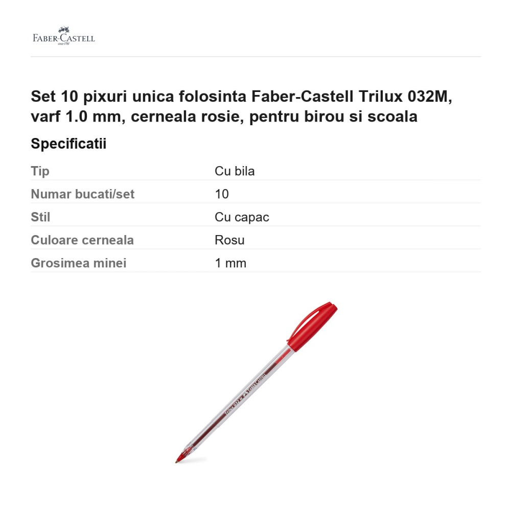 Set 10 pixuri unica folosinta Faber-Castell Trilux 032M, varf 1.0 mm, cerneala rosie, pentru birou si scoala [3]