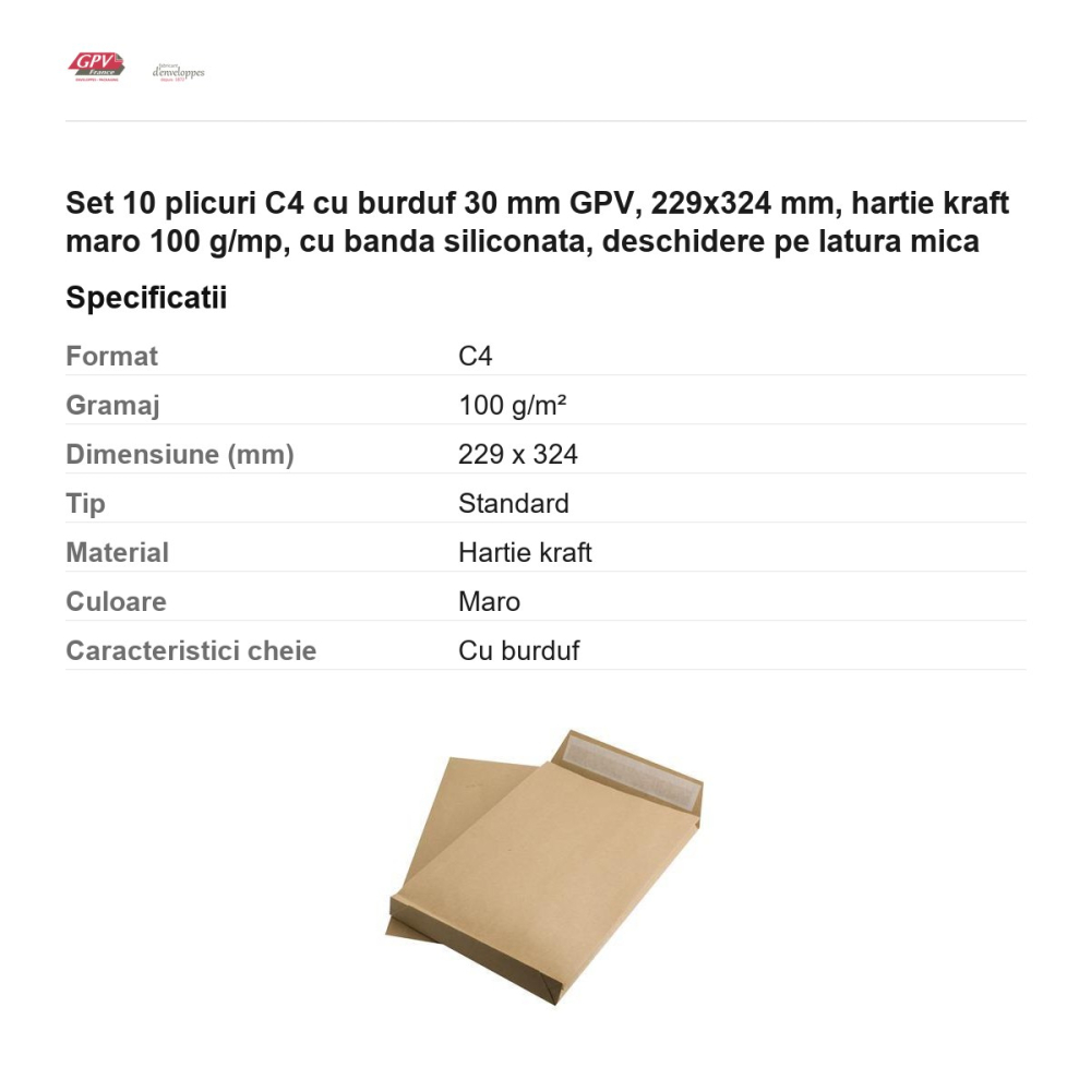 Set 10 plicuri C4 cu burduf 30 mm GPV, 229x324 mm, hartie kraft maro 100 g/mp, cu banda siliconata, deschidere pe latura mica [3]