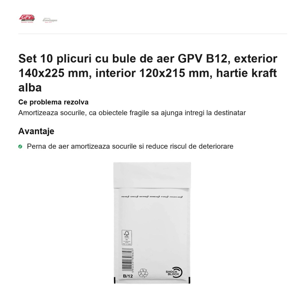 Set 10 plicuri cu bule de aer GPV B12, exterior 140x225 mm, interior 120x215 mm, hartie kraft alba [2]