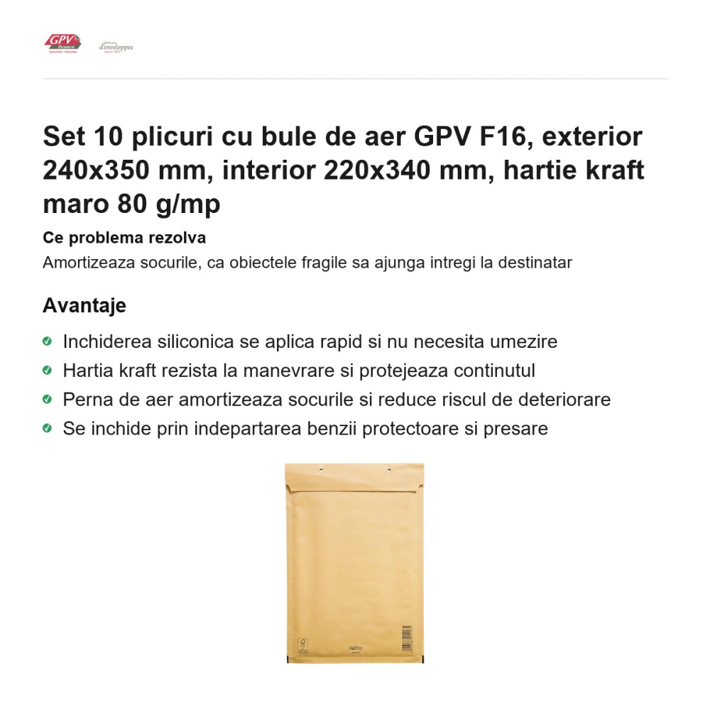 Set 10 plicuri cu bule de aer GPV F16, exterior 240x350 mm, interior 220x340 mm, hartie kraft maro 80 g/mp [2]