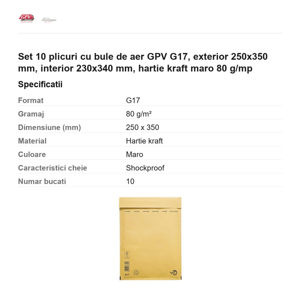 Set 10 plicuri cu bule de aer GPV G17, exterior 250x350 mm, interior 230x340 mm, hartie kraft maro 80 g/mp [3]