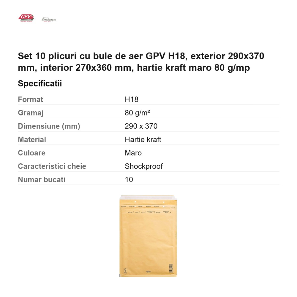 Set 10 plicuri cu bule de aer GPV H18, exterior 290x370 mm, interior 270x360 mm, hartie kraft maro 80 g/mp [3]