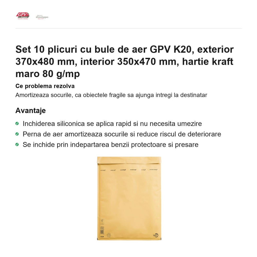 Set 10 plicuri cu bule de aer GPV K20, exterior 370x480 mm, interior 350x470 mm, hartie kraft maro 80 g/mp [2]