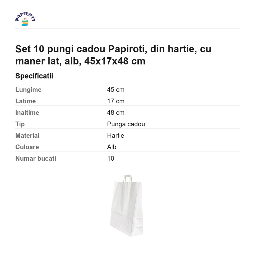 Set 10 pungi cadou Papiroti, din hartie, cu maner lat, alb, 45x17x48 cm [3]