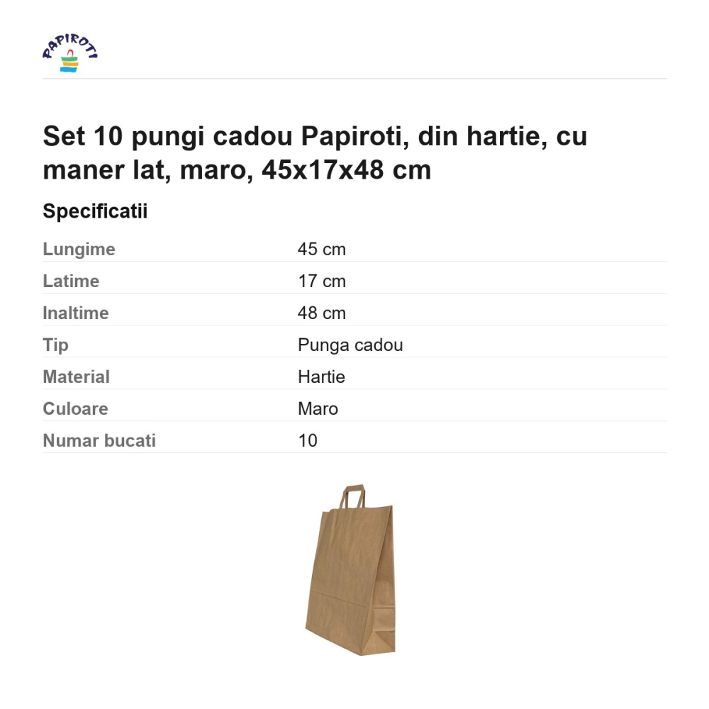 Set 10 pungi cadou Papiroti, din hartie, cu maner lat, maro, 45x17x48 cm [3]