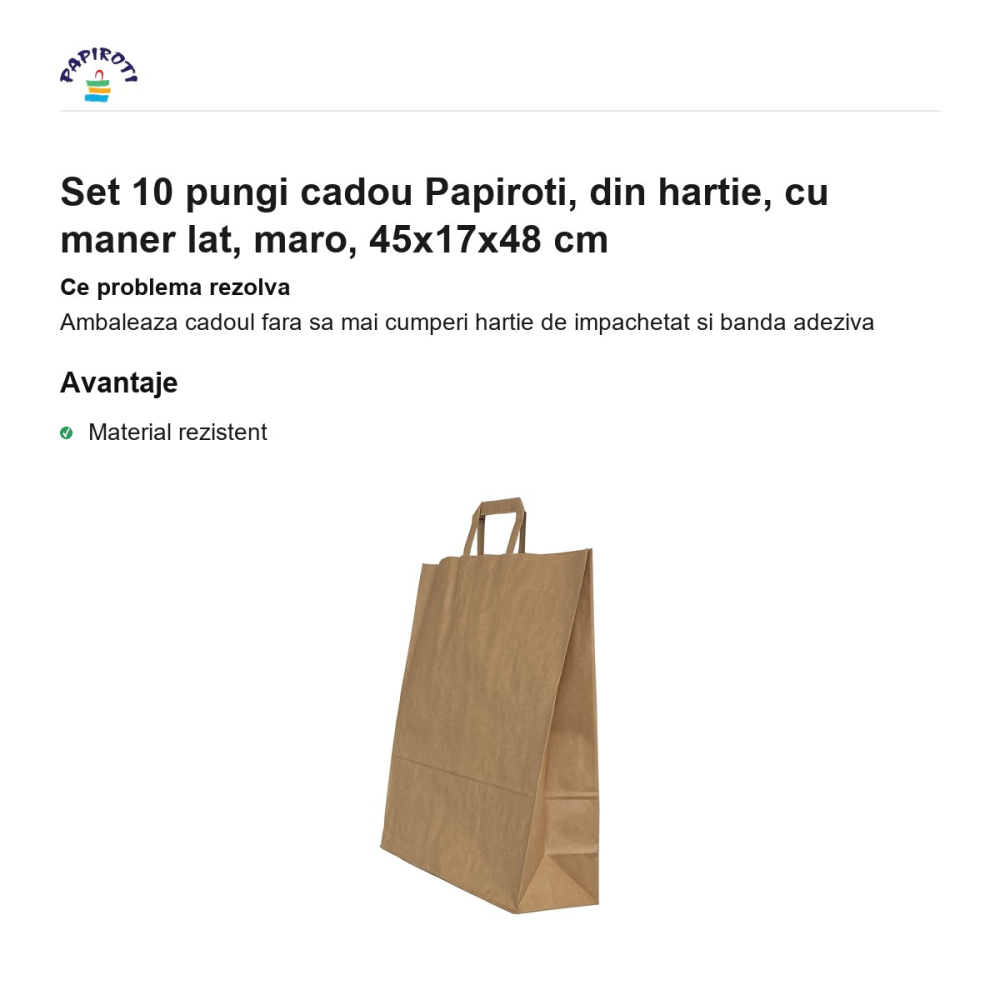 Set 10 pungi cadou Papiroti, din hartie, cu maner lat, maro, 45x17x48 cm [2]