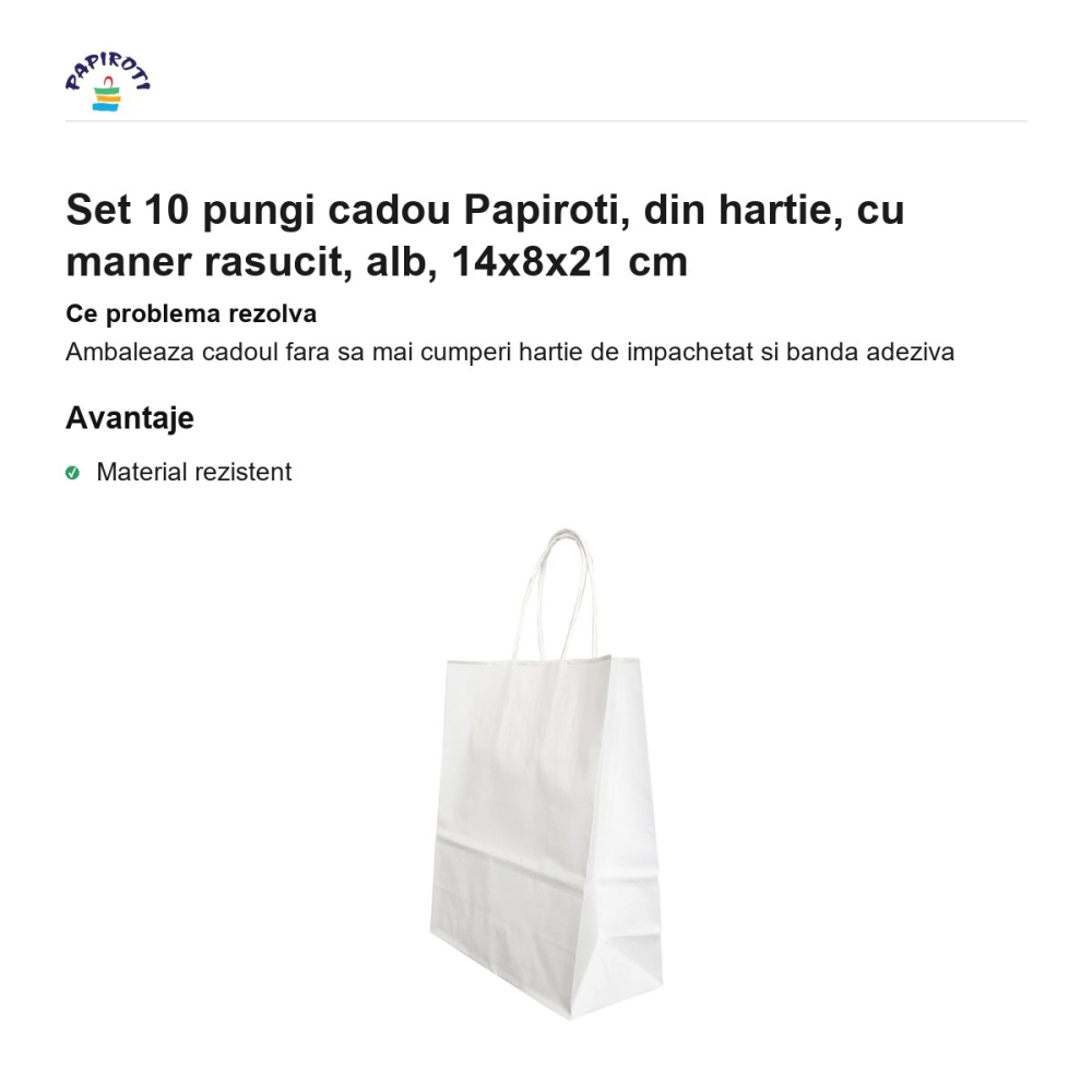 Set 10 pungi cadou Papiroti, din hartie, cu maner rasucit, alb, 14x8x21 cm [2]