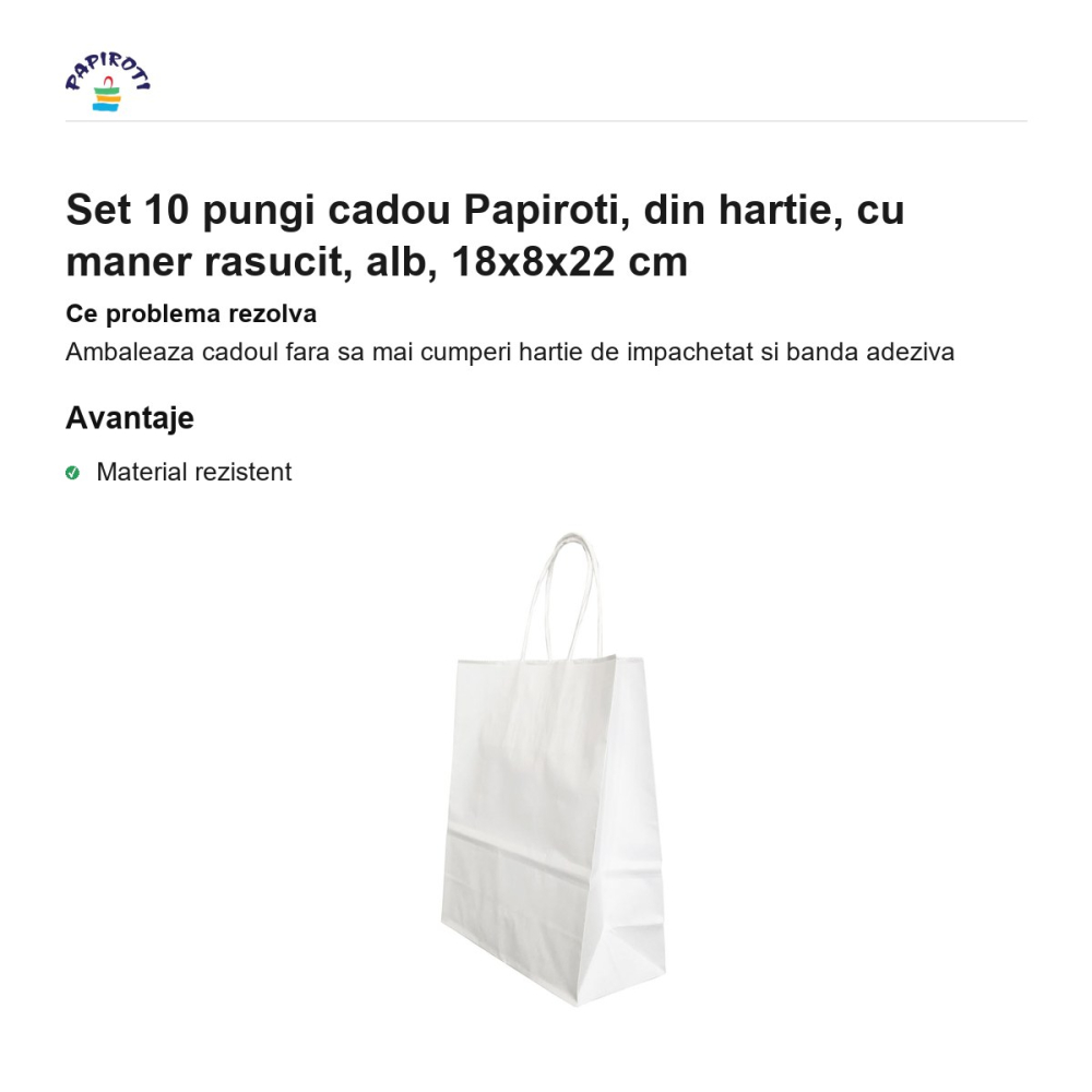 Set 10 pungi cadou Papiroti, din hartie, cu maner rasucit, alb, 18x8x22 cm [2]
