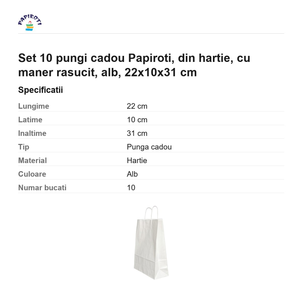 Set 10 pungi cadou Papiroti, din hartie, cu maner rasucit, alb, 22x10x31 cm [3]