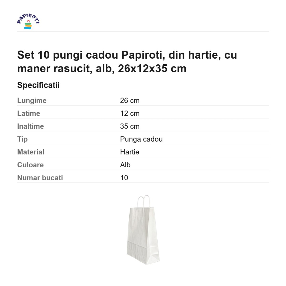 Set 10 pungi cadou Papiroti, din hartie, cu maner rasucit, alb, 26x12x35 cm [3]