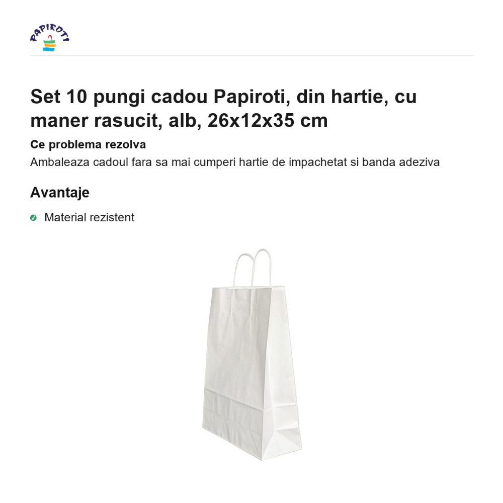 Set 10 pungi cadou Papiroti, din hartie, cu maner rasucit, alb, 26x12x35 cm [2]