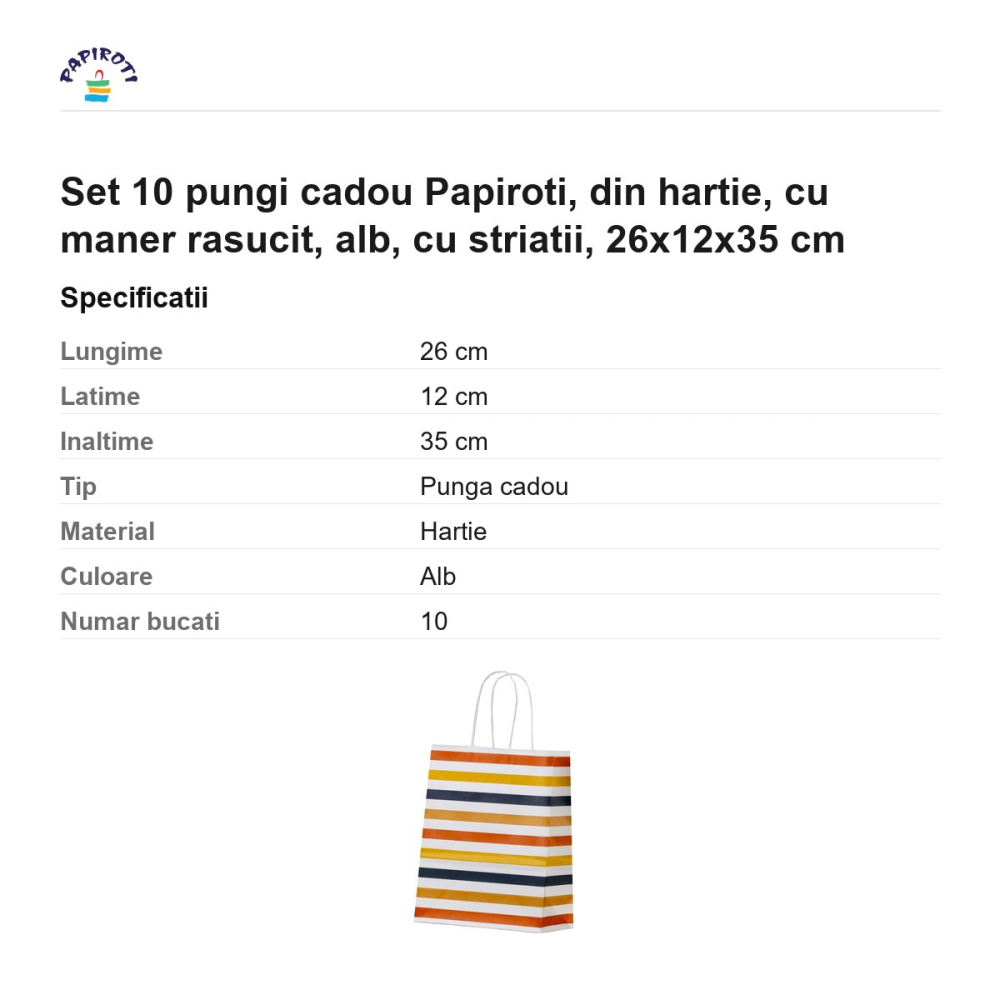 Set 10 pungi cadou Papiroti, din hartie, cu maner rasucit, alb, cu striatii, 26x12x35 cm [3]