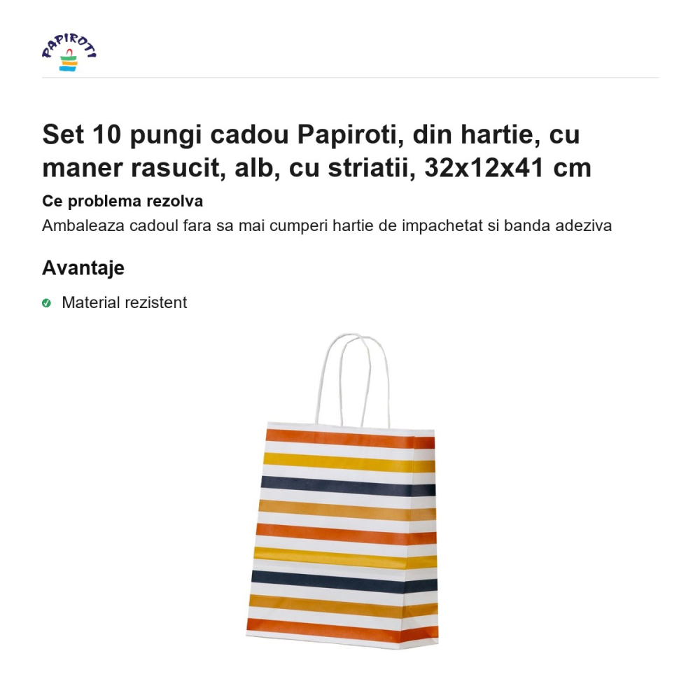 Set 10 pungi cadou Papiroti, din hartie, cu maner rasucit, alb, cu striatii, 32x12x41 cm [2]