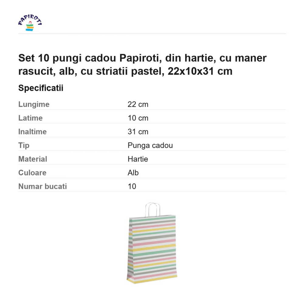 Set 10 pungi cadou Papiroti, din hartie, cu maner rasucit, alb, cu striatii pastel, 22x10x31 cm [3]