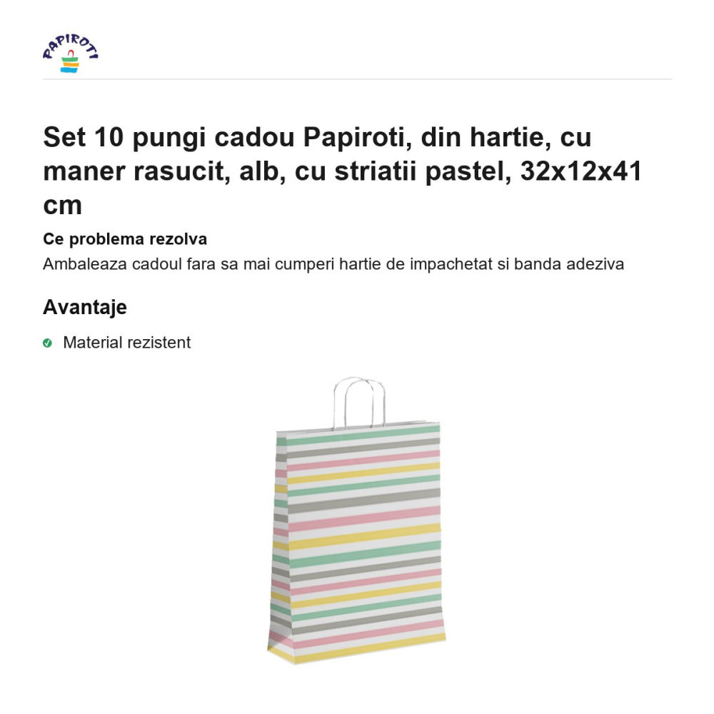 Set 10 pungi cadou Papiroti, din hartie, cu maner rasucit, alb, cu striatii pastel, 32x12x41 cm [2]