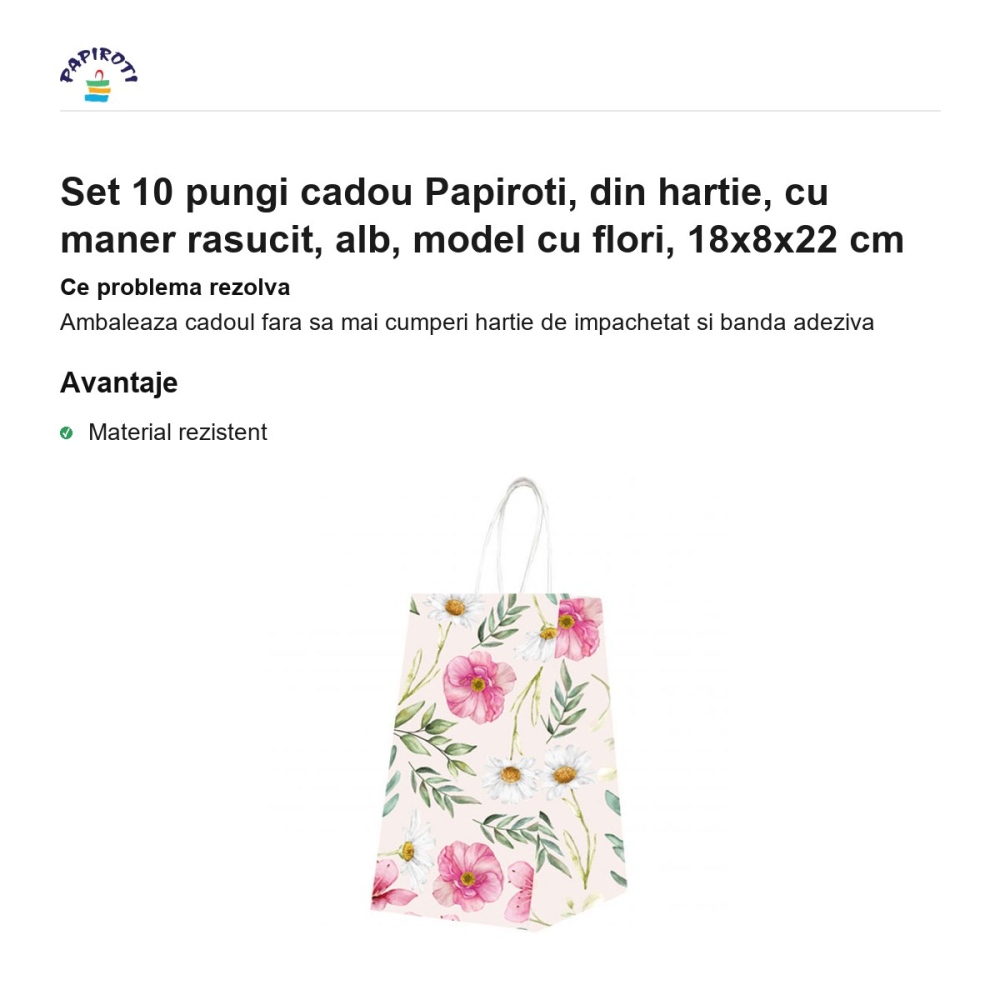 Set 10 pungi cadou Papiroti, din hartie, cu maner rasucit, alb, model cu flori, 18x8x22 cm [2]